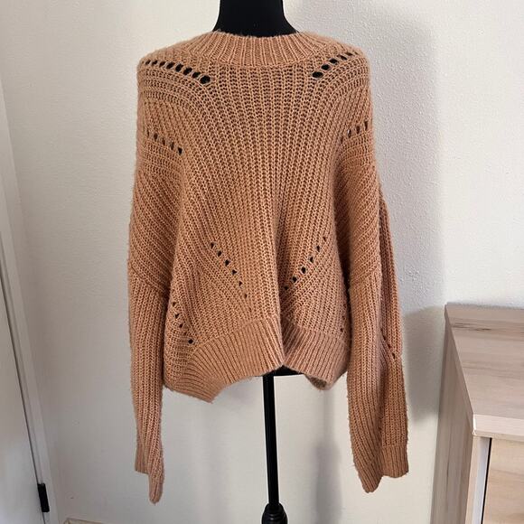 Elizabeth and James Open Stitch  Camel Tan Knit Crew Neck Sweater - XXL - Picture 2 of 7